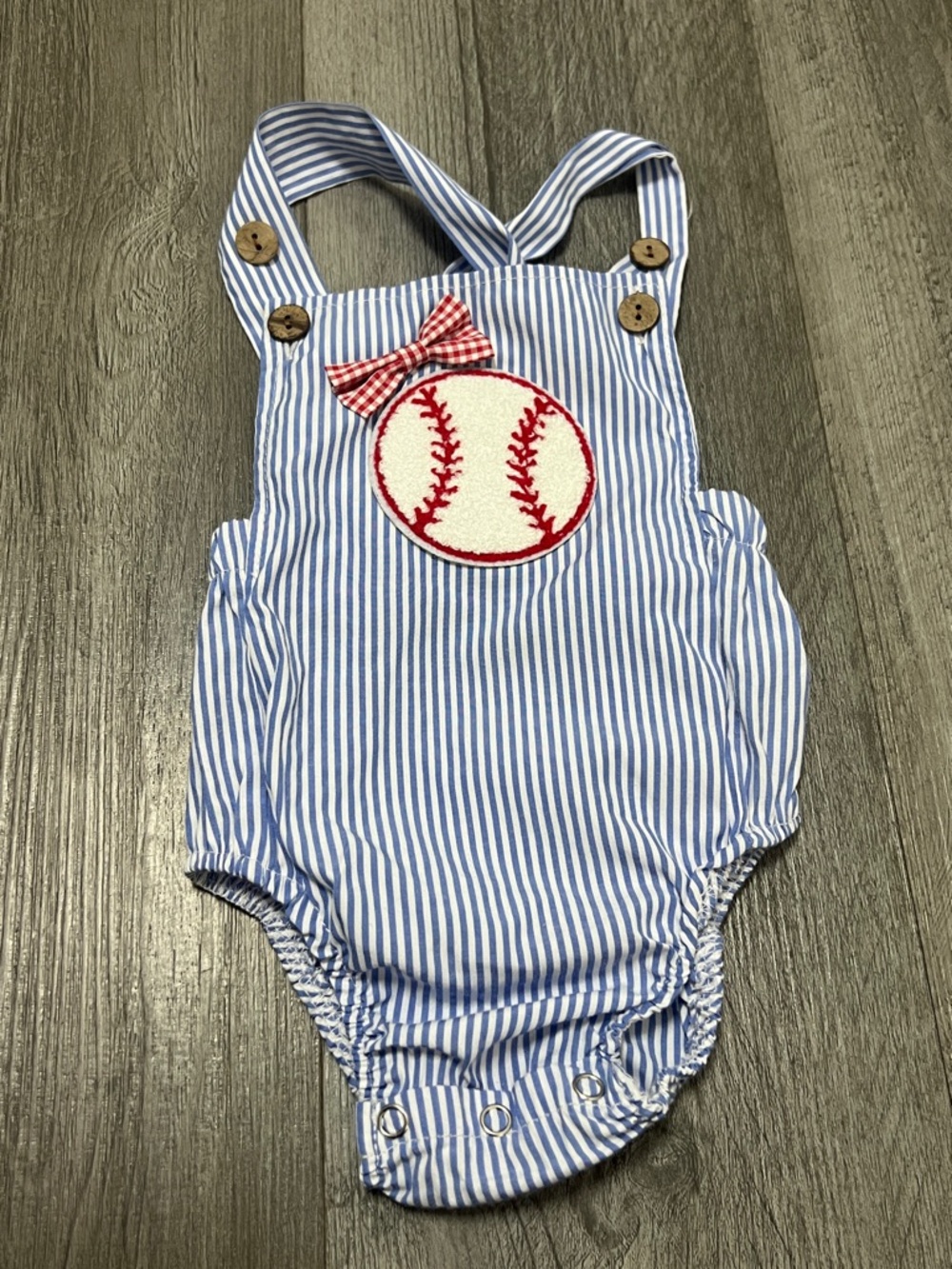 Baby Baseball Romper overalls/ white and blue stripped/ size 0-3 months